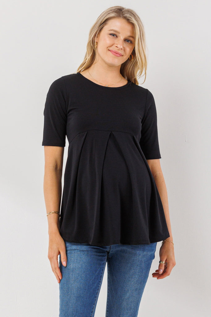 Black Solid Front Pleat Peplum Maternity Top