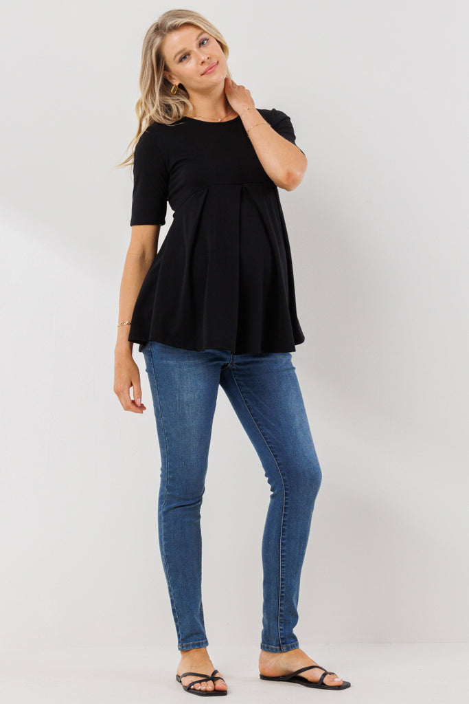 Black Solid Front Pleat Peplum Maternity Top