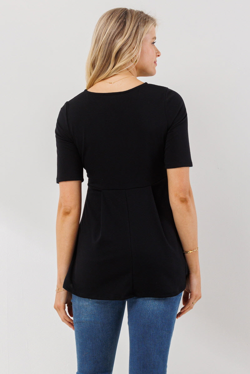 Black Solid Front Pleat Peplum Maternity Top