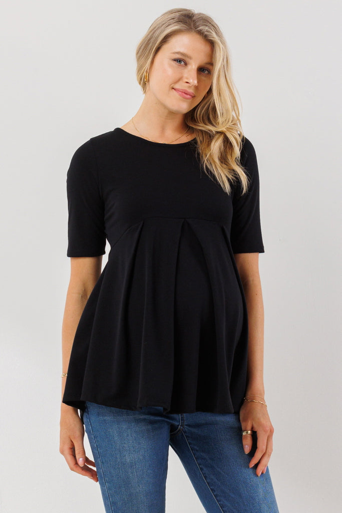 Black Solid Front Pleat Peplum Maternity Top