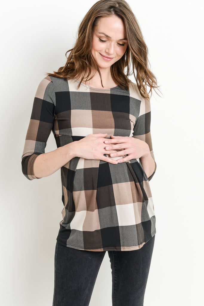 Brown Plaid Front Pleated Maternity Top