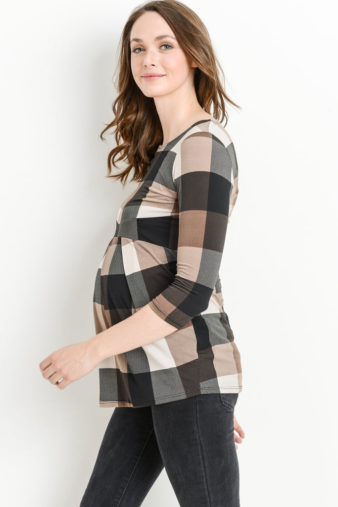 Brown Plaid Front Pleated Maternity Top