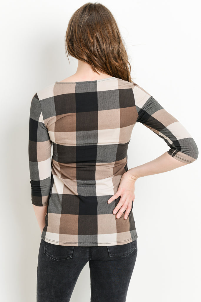 Brown Plaid Front Pleated Maternity Top