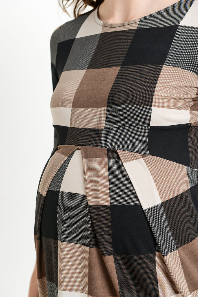 Brown Plaid Front Pleated Maternity Top