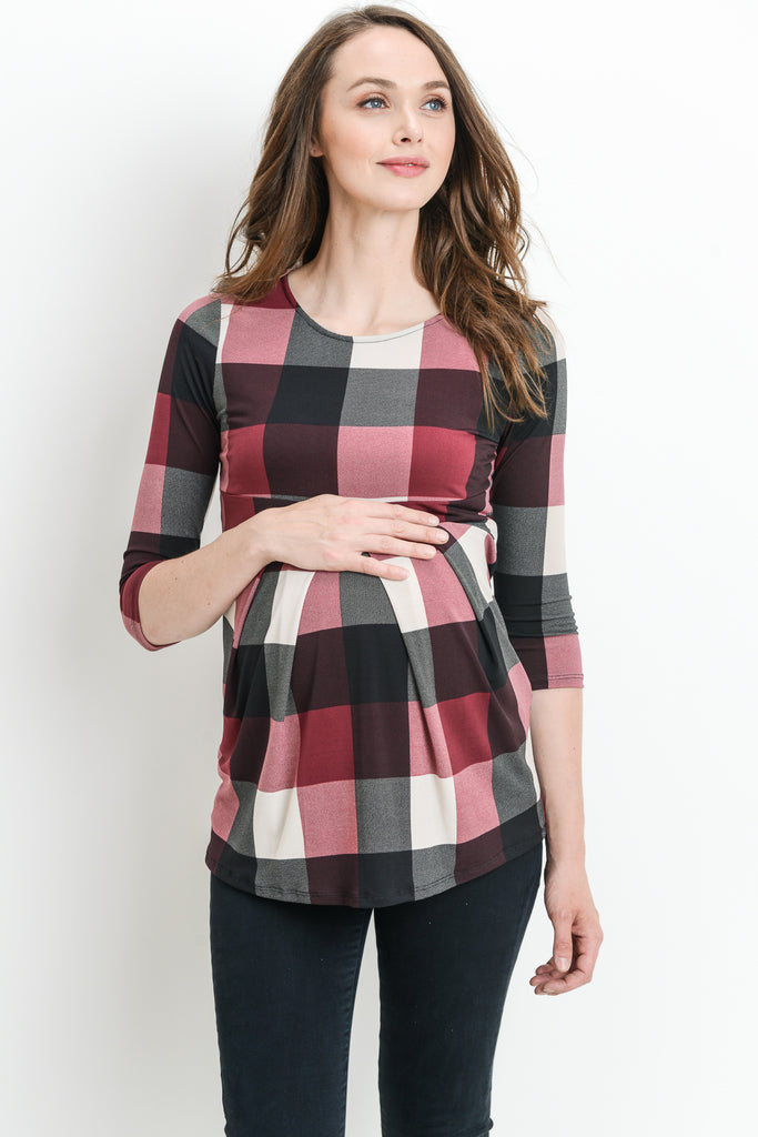 Burgundy Plaid Front Pleated Maternity Top