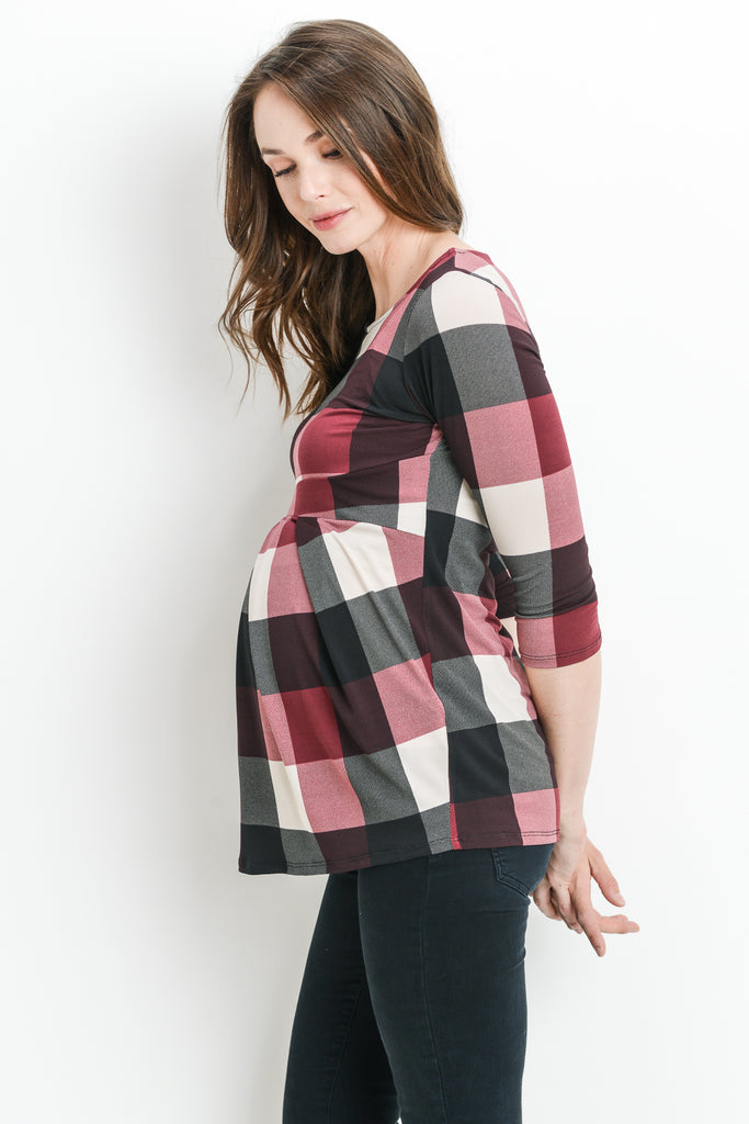 Burgundy Plaid Front Pleated Maternity Top