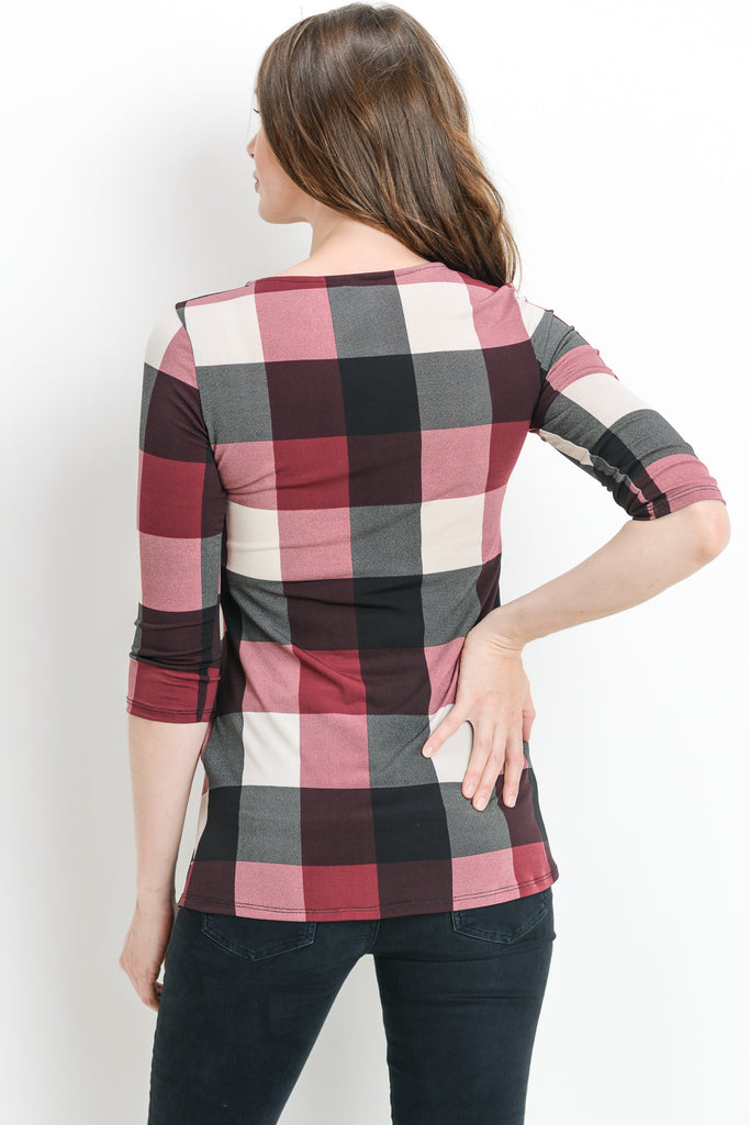Burgundy Plaid Front Pleated Maternity Top