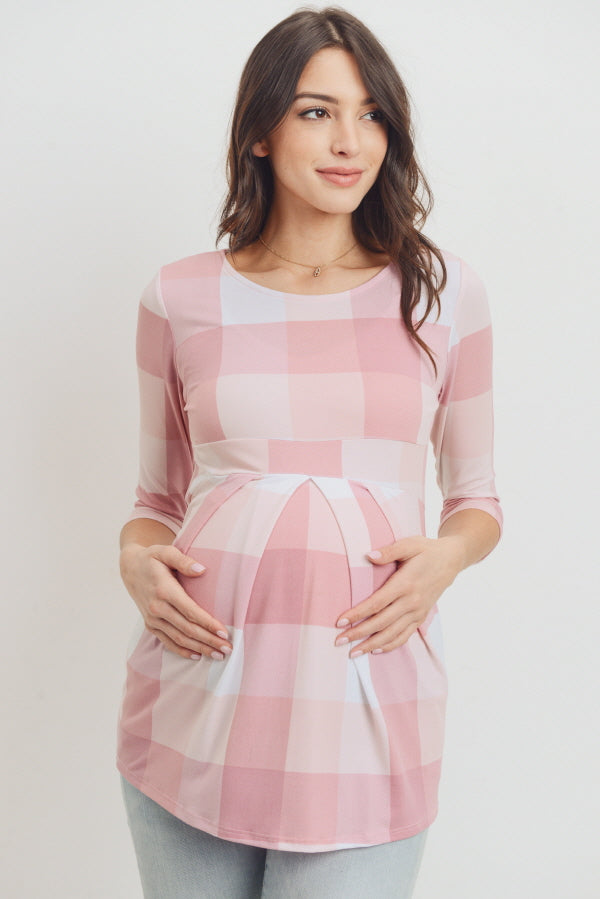 Pink Plaid Front Pleated Maternity Top