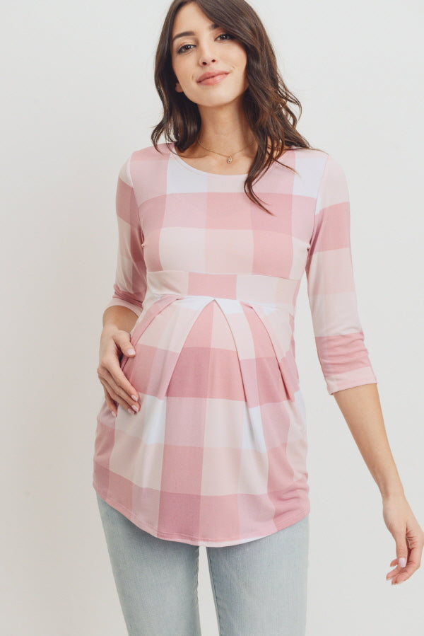 Pink Plaid Front Pleated Maternity Top