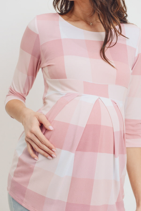 Pink Plaid Front Pleated Maternity Top