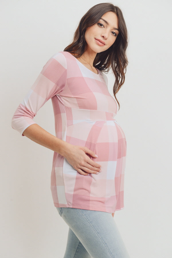 Pink Plaid Front Pleated Maternity Top