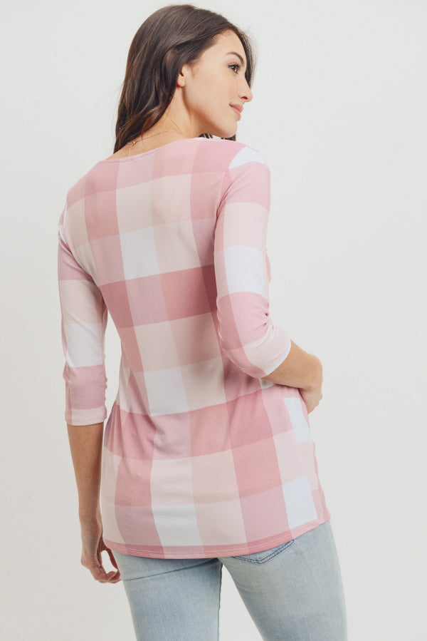 Pink Plaid Front Pleated Maternity Top