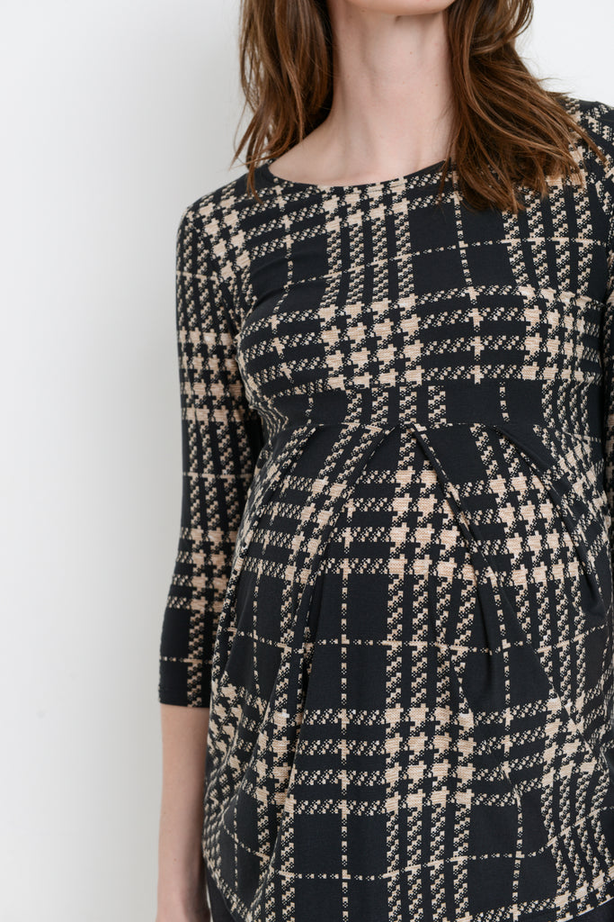 Black/Taupe Plaid Front Pleated Maternity Top