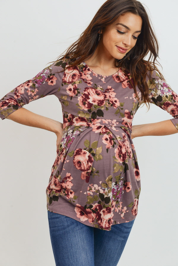 Mauve Floral Front Pleat Maternity Top