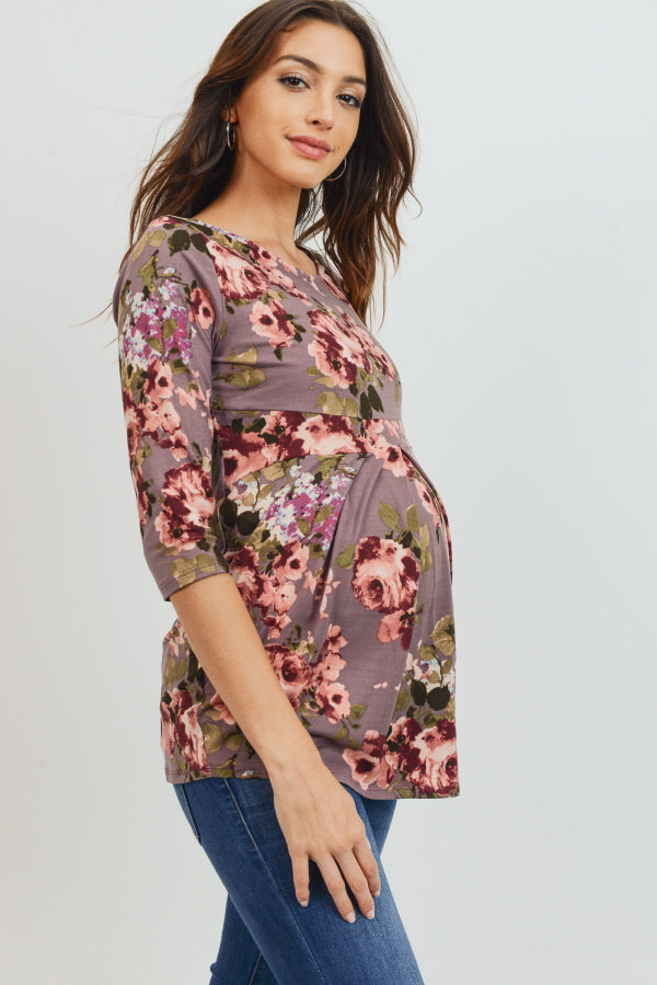 Mauve Floral Front Pleat Maternity Top