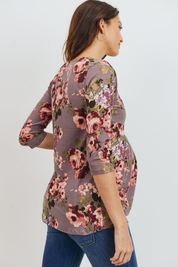 Mauve Floral Front Pleat Maternity Top