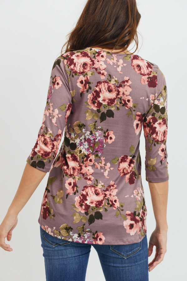 Mauve Floral Front Pleat Maternity Top