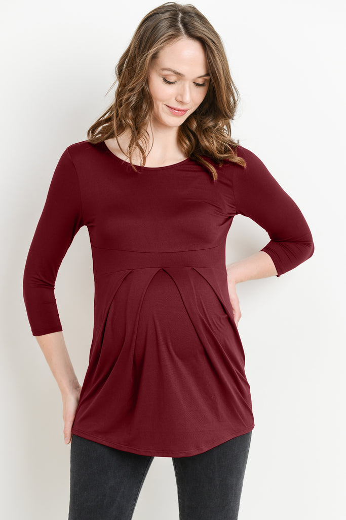 Burgundy Front Pleat Round Neck Maternity Top