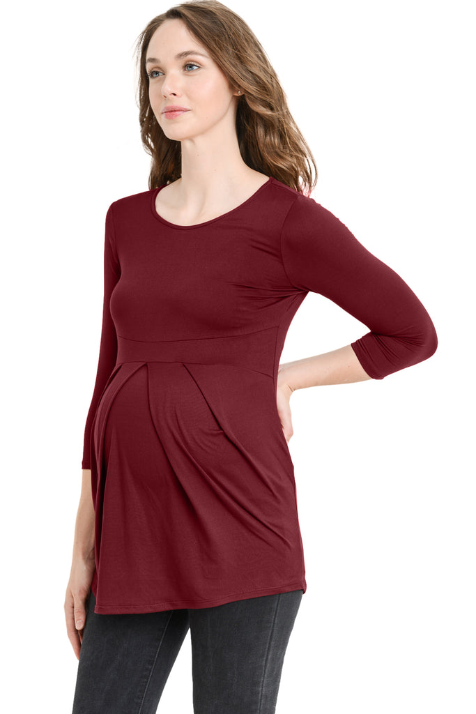 Burgundy Front Pleat Round Neck Maternity Top