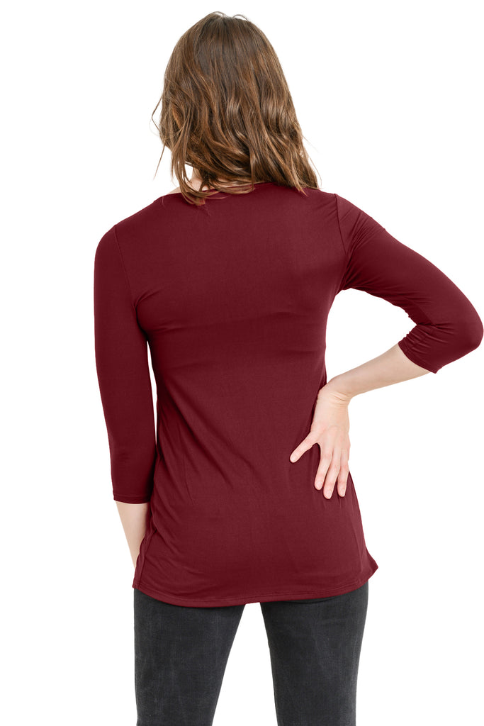 Burgundy Front Pleat Round Neck Maternity Top