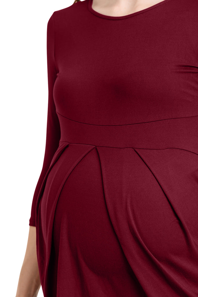 Burgundy Front Pleat Round Neck Maternity Top