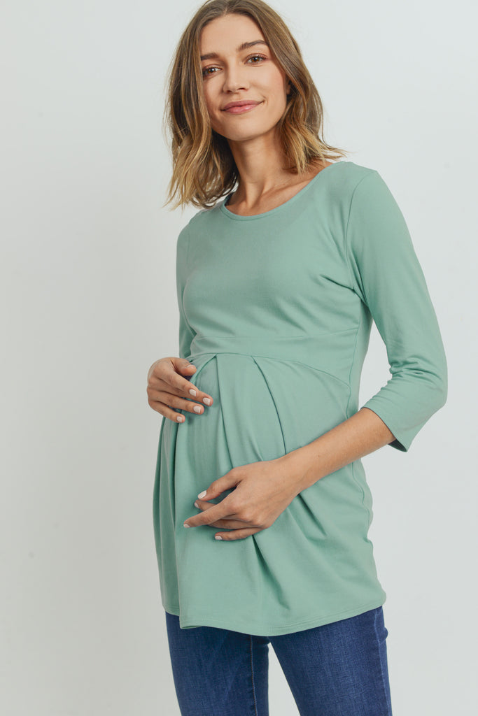 Sage Front Pleat Round Neck Maternity Top