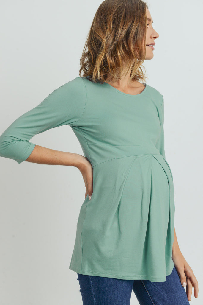 Sage Front Pleat Round Neck Maternity Top