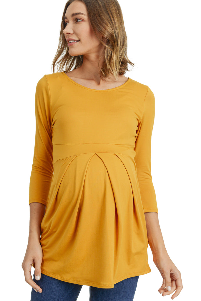 Mustard Front Pleat Round Neck Maternity Top
