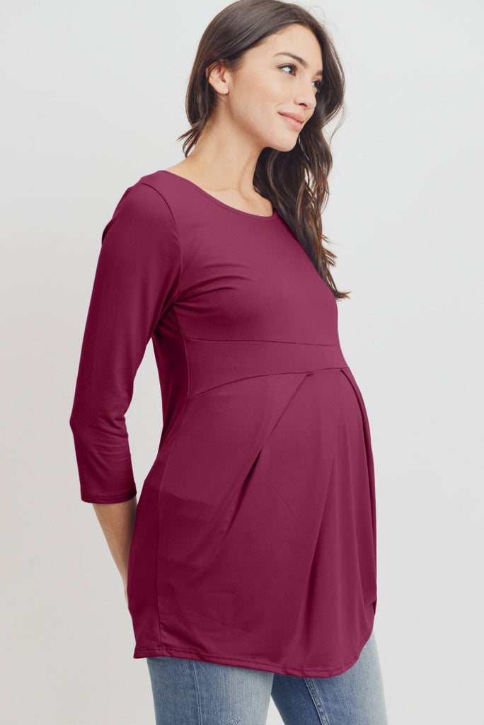 Magenta Front Pleat Round Neck Maternity Top