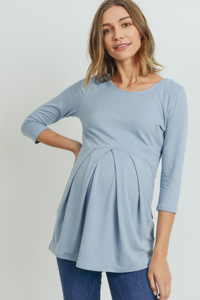 Chambray Front Pleat Round Neck Maternity Top