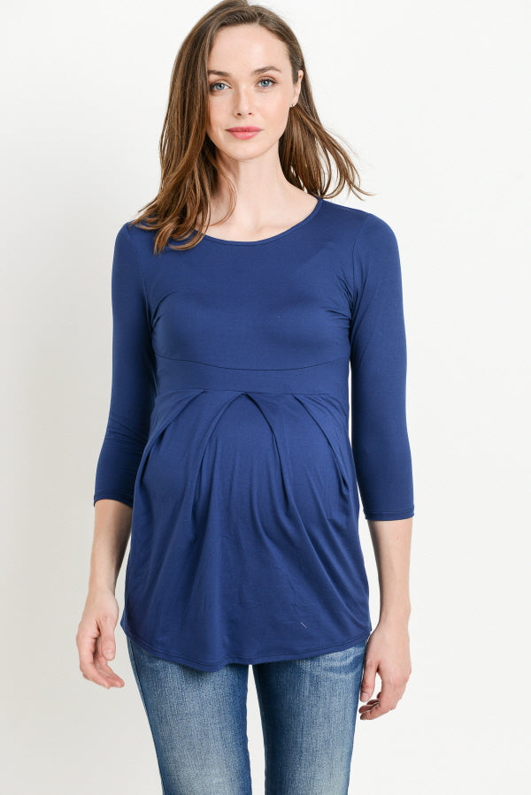 Navy Front Pleat Round Neck Maternity Top
