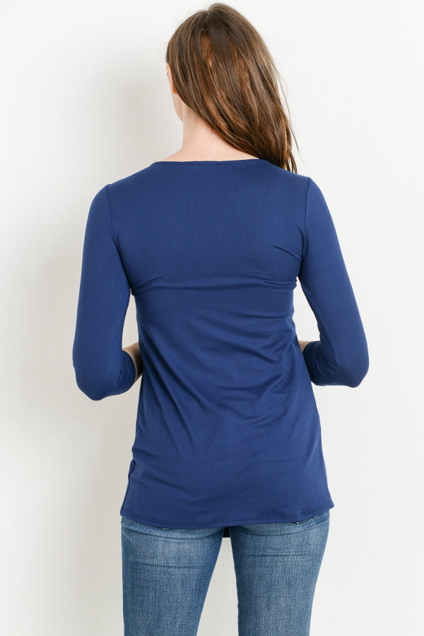 Navy Front Pleat Round Neck Maternity Top