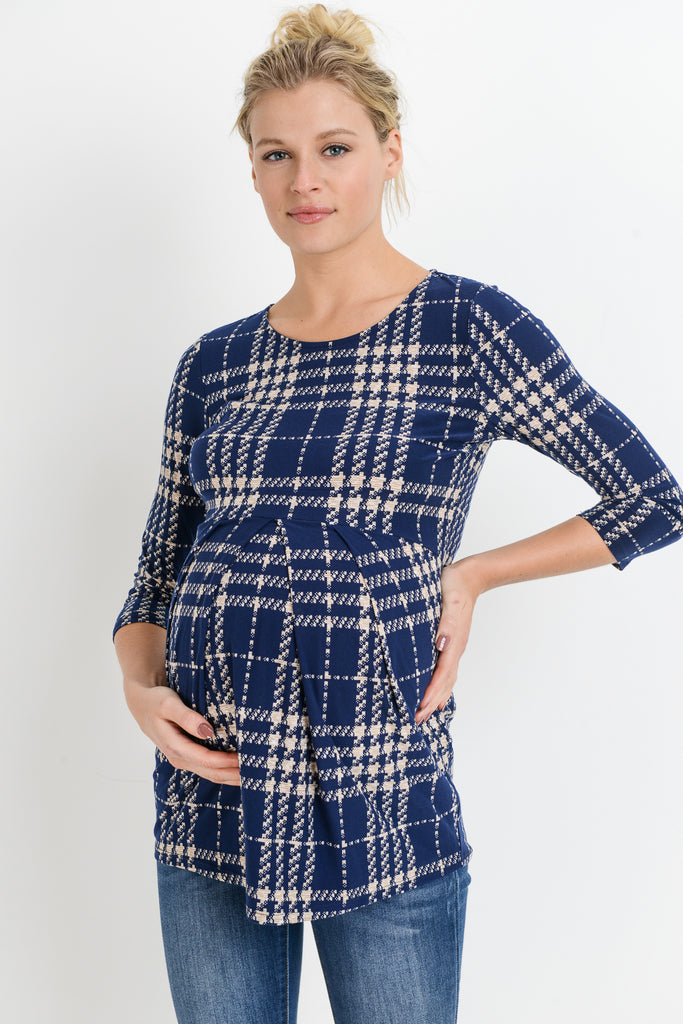 Navy/Taupe Plaid Front Pleated Maternity Top