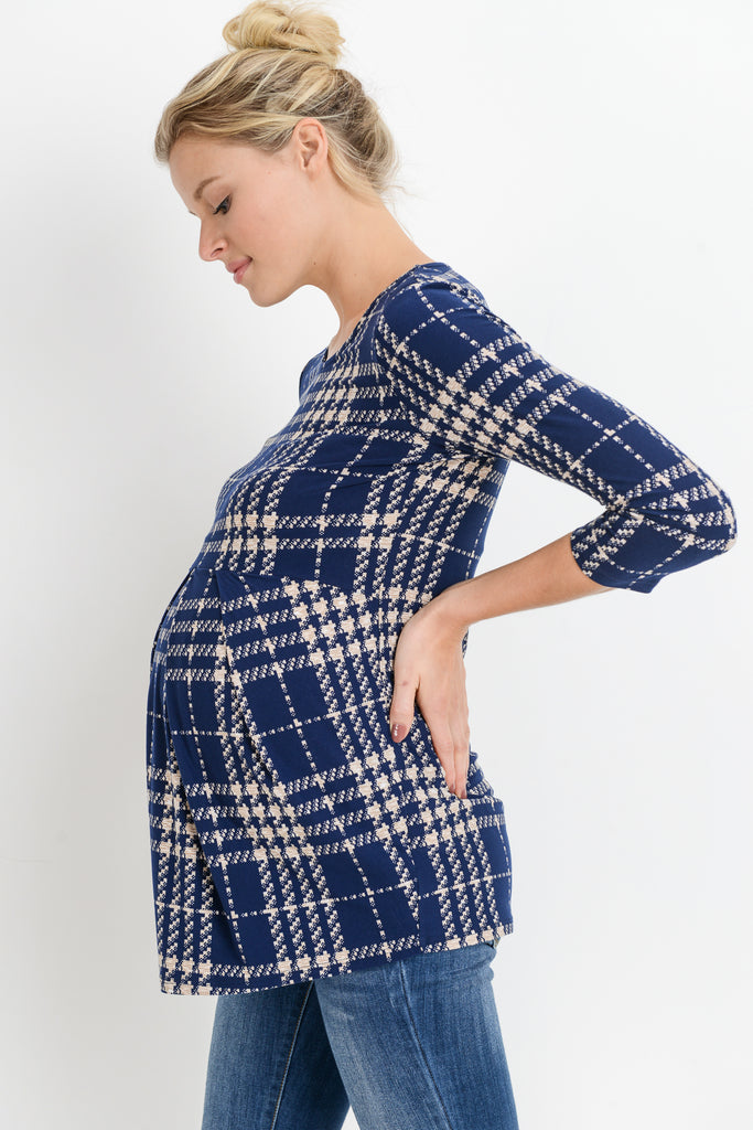 Navy/Taupe Plaid Front Pleated Maternity Top