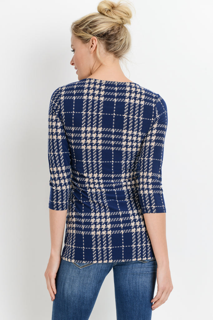 Navy/Taupe Plaid Front Pleated Maternity Top