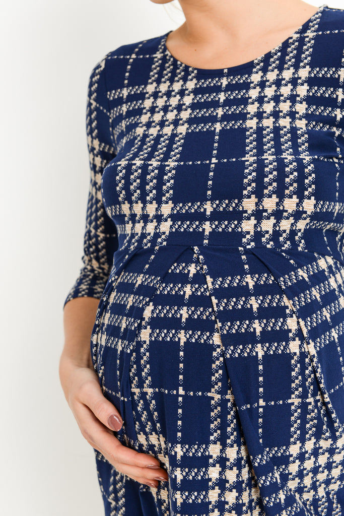 Navy/Taupe Plaid Front Pleated Maternity Top