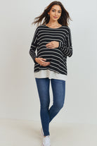 Black/Ivory Stripe Long Sleeve Double Layer Nursing/Maternity Top