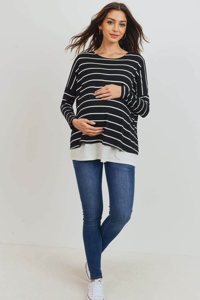 Black/Ivory Stripe Long Sleeve Double Layer Nursing/Maternity Top