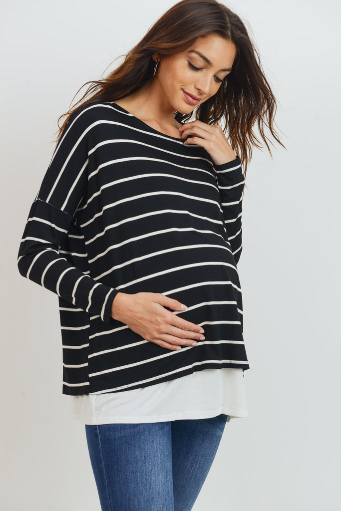 Black/Ivory Stripe Long Sleeve Double Layer Nursing/Maternity Top