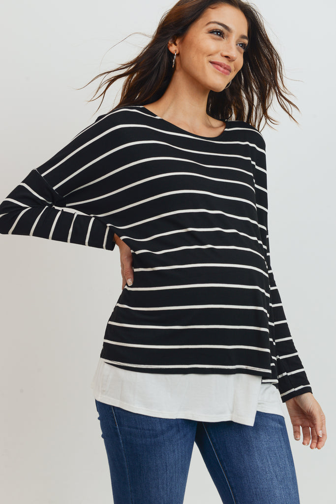 Black/Ivory Stripe Long Sleeve Double Layer Nursing/Maternity Top