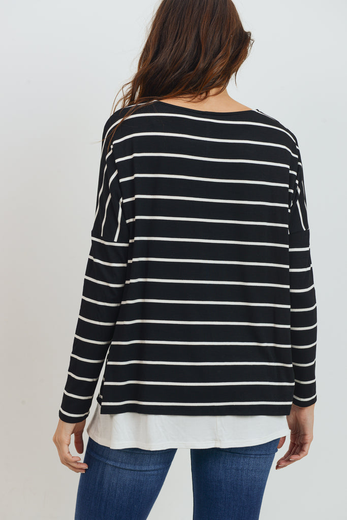 Black/Ivory Stripe Long Sleeve Double Layer Nursing/Maternity Top