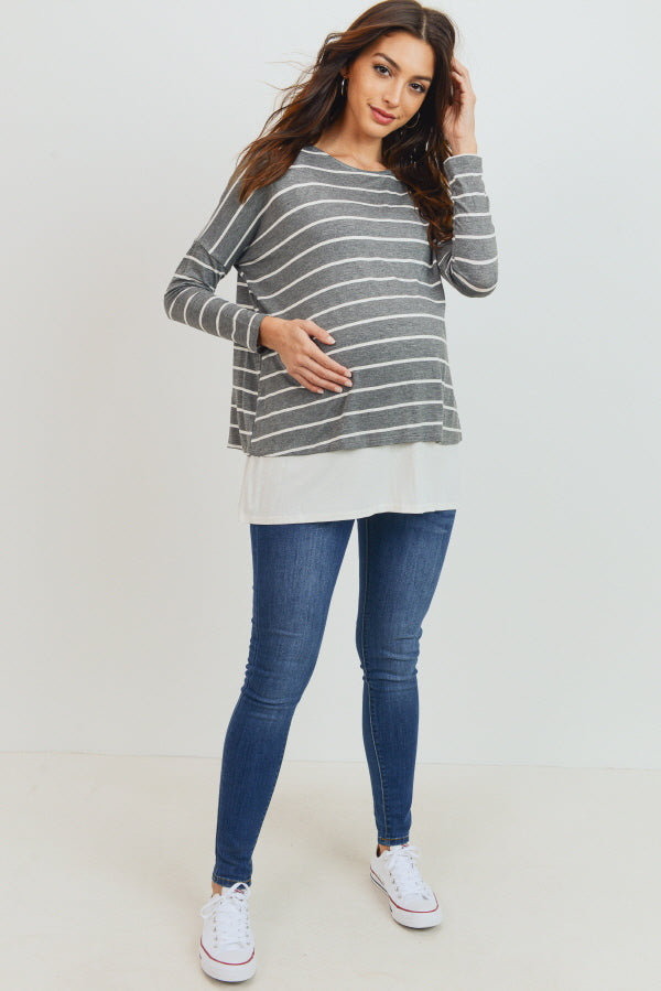 Grey/Ivory Stripe Long Sleeve Double Layer Nursing/Maternity Top