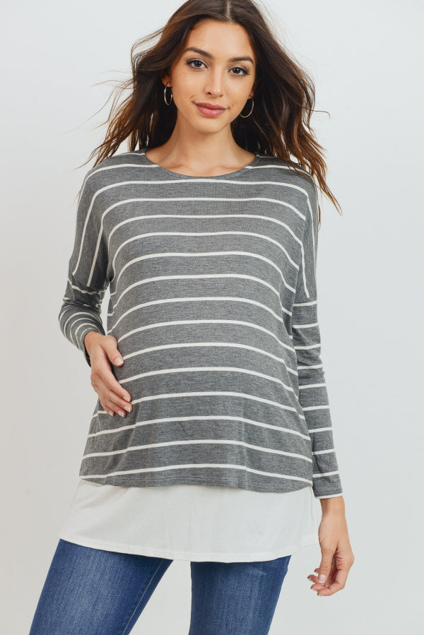 Grey/Ivory Stripe Long Sleeve Double Layer Nursing/Maternity Top