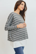 Grey/Ivory Stripe Long Sleeve Double Layer Nursing/Maternity Top