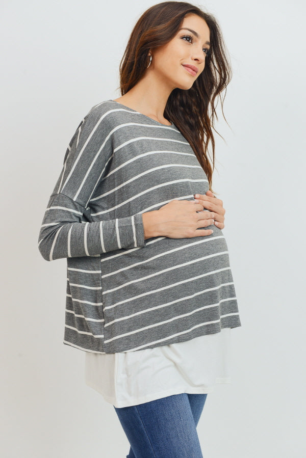 Grey/Ivory Stripe Long Sleeve Double Layer Nursing/Maternity Top