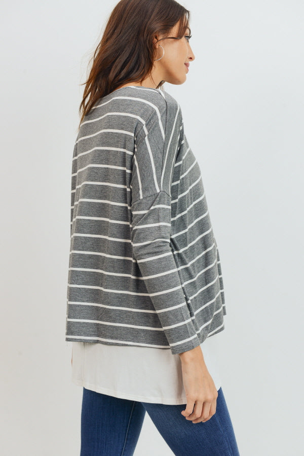 Grey/Ivory Stripe Long Sleeve Double Layer Nursing/Maternity Top