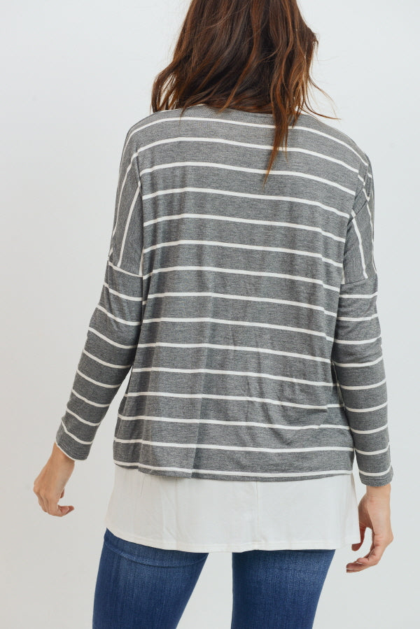 Grey/Ivory Stripe Long Sleeve Double Layer Nursing/Maternity Top