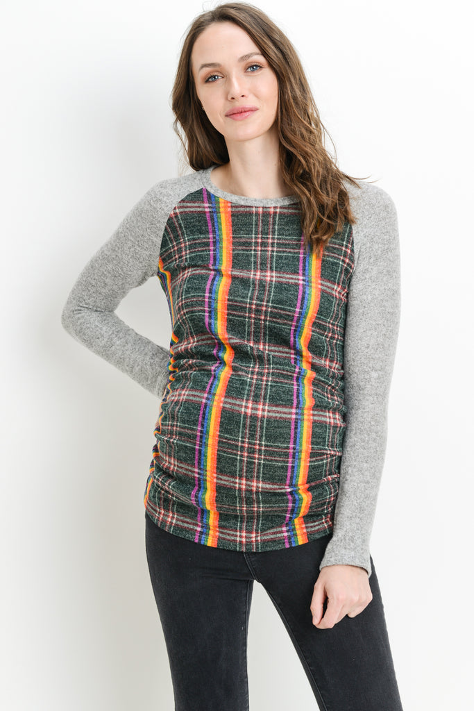 Green Plaid Raglan Sweater Knit Maternity Top