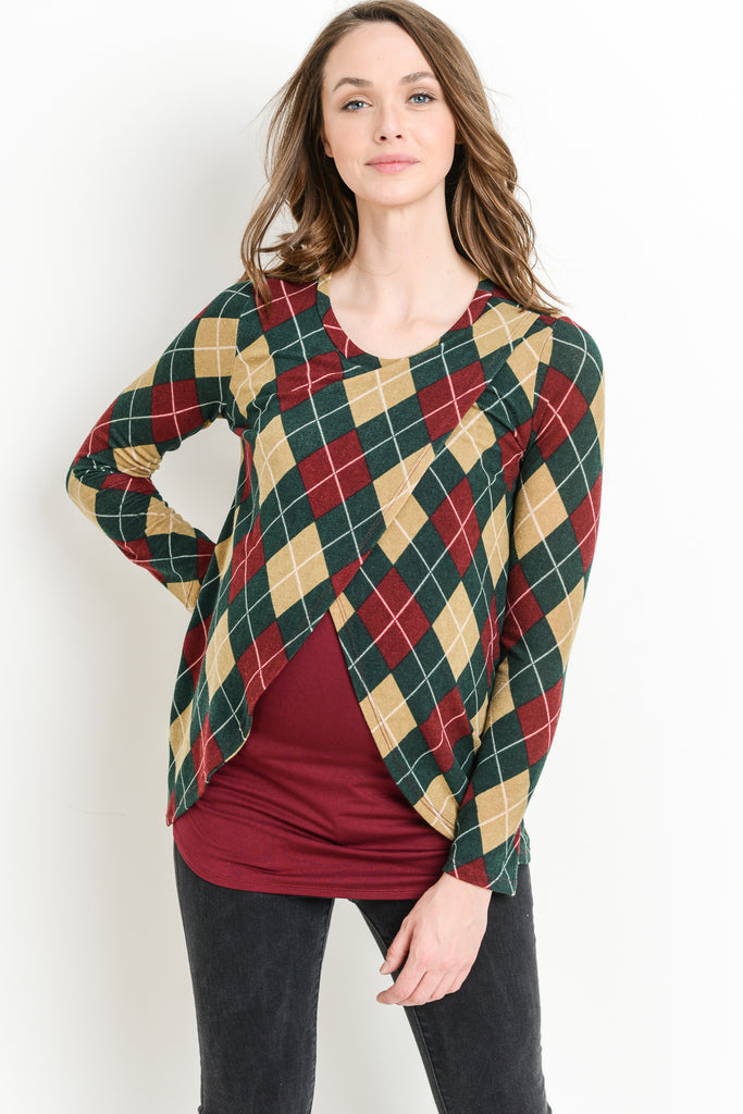 Burgundy Plaid Overlap Sweater Knit Maternity & Nursing Top