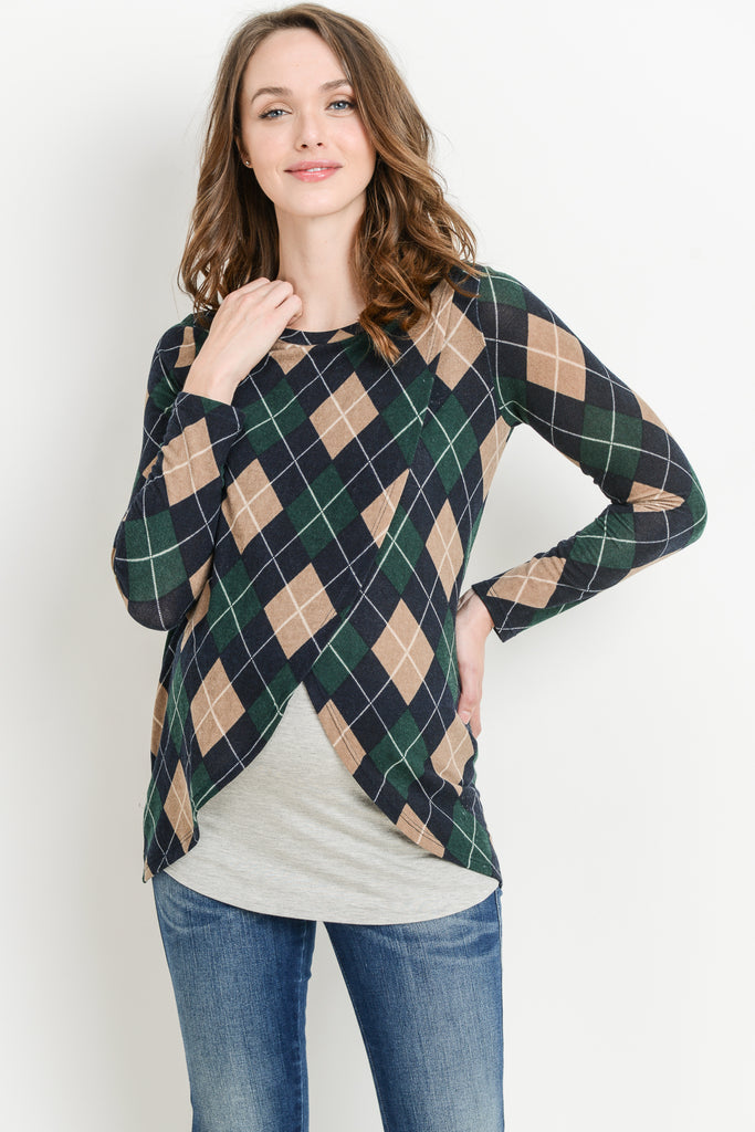 Navy Plaid Overlap Sweater Knit Maternity & Nursing Top